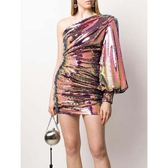 ALEX PERRY Jackson One-sleeve Sequined Satin Mini Dress In Pink NWOT - Size 6 US - Picture 3 of 11